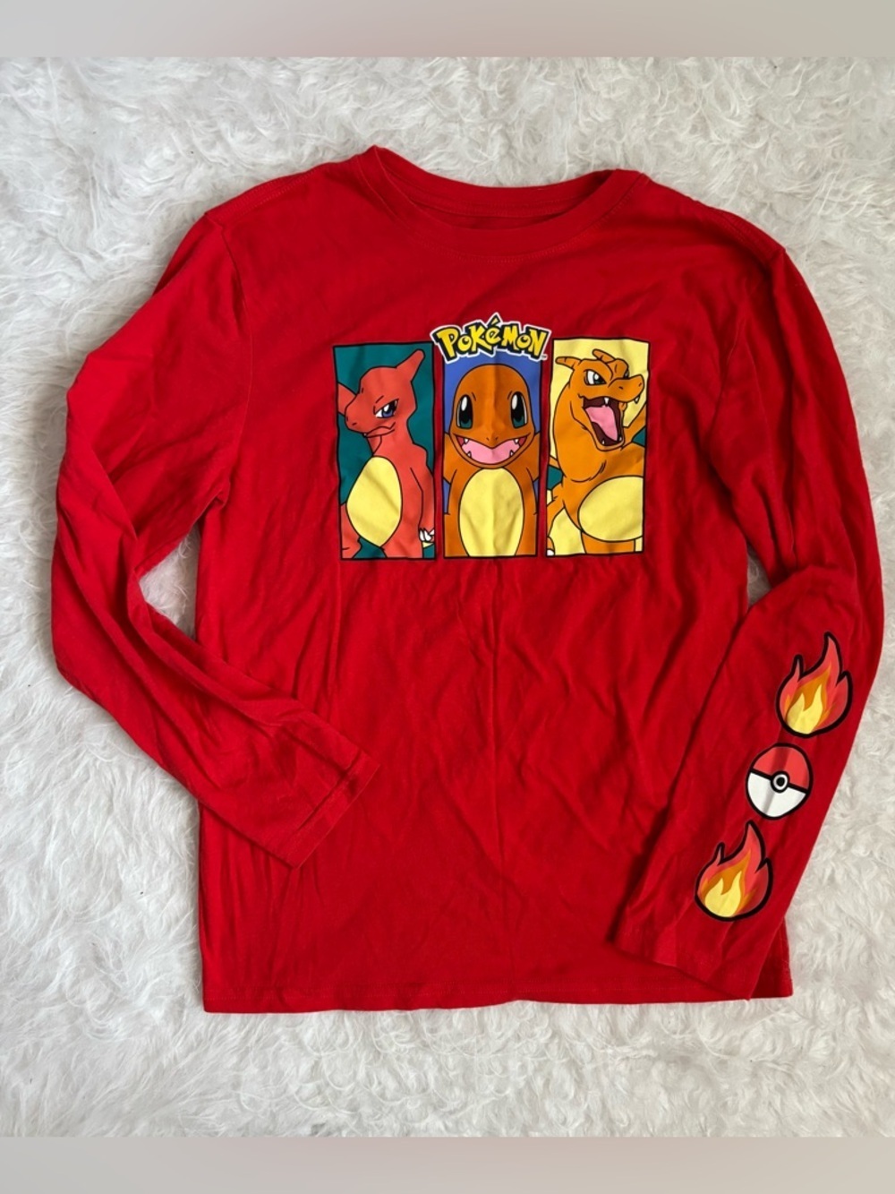 Pokemon Bright Red Long Sleeve Tee with Cool Charmander Trio Graphic
